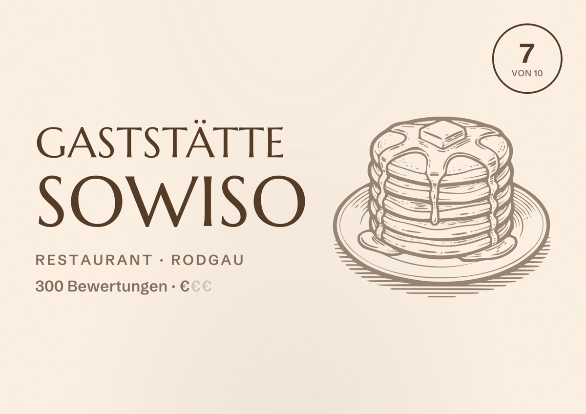 Illustriertes Poster von Gaststätte Sowiso, Restaurant in Rodgau: Bewertung 7 von 10 aus 300 Bewertungen, Preisniveau €