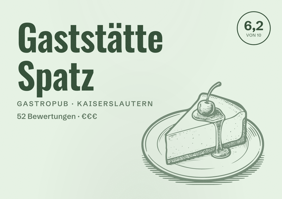 Illustriertes Poster von Gaststätte Spatz, Gastropub in Kaiserslautern: Bewertung 6,2 von 10 aus 52 Bewertungen, Preisniveau €€€