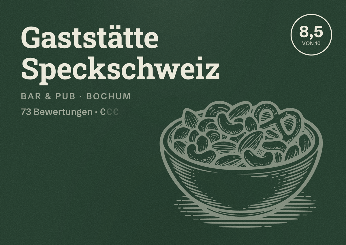 Illustriertes Poster von Gaststätte Speckschweiz, Bar & Pub in Bochum: Bewertung 8,5 von 10 aus 73 Bewertungen, Preisniveau €