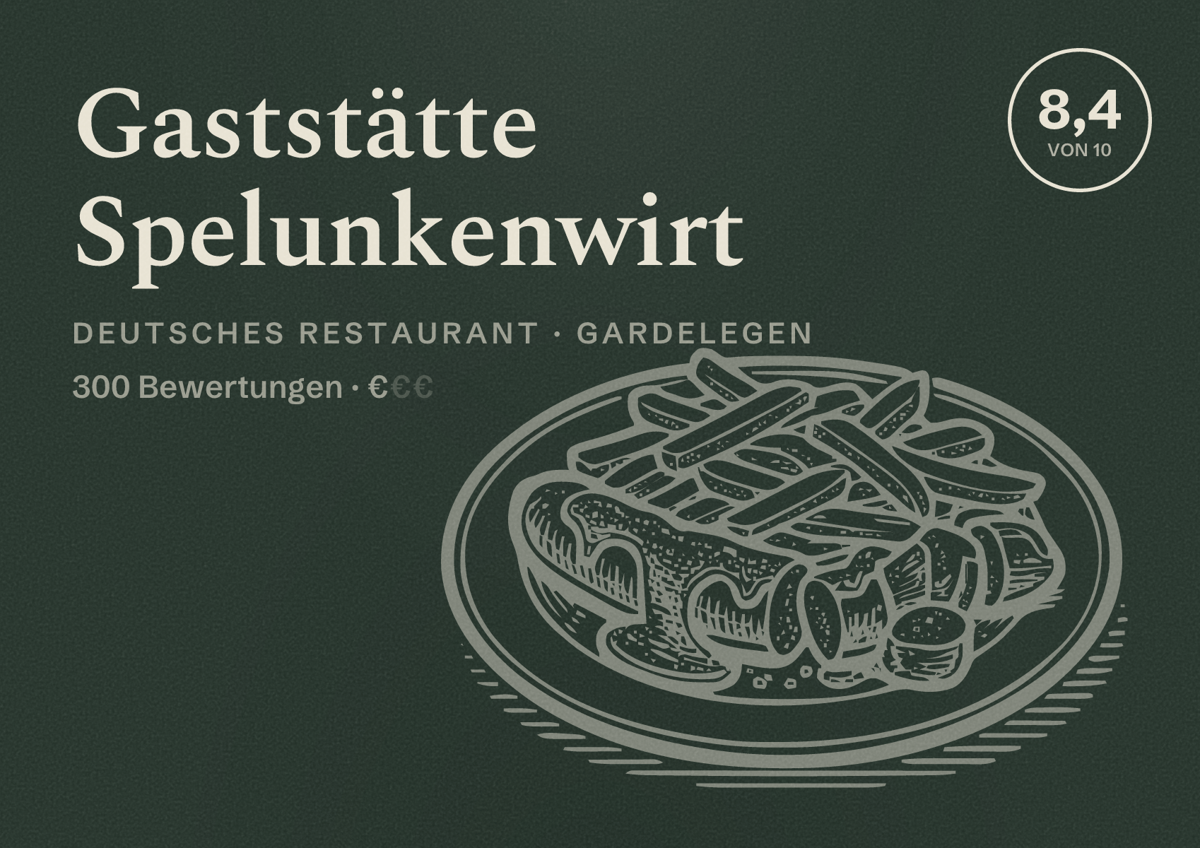 Illustriertes Poster von Gaststätte Spelunkenwirt, Deutsches Restaurant in Gardelegen: Bewertung 8,4 von 10 aus 300 Bewertungen, Preisniveau €