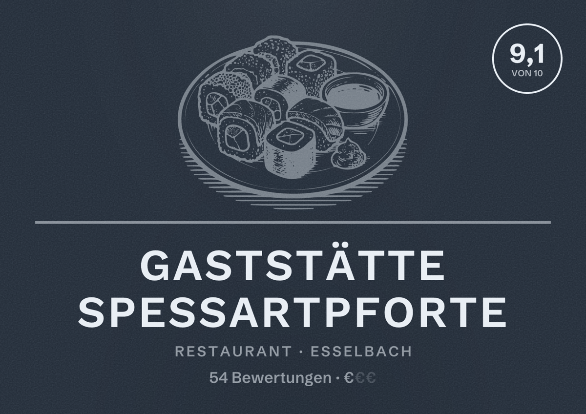 Illustriertes Poster von Gaststätte Spessartpforte, Restaurant in Esselbach: Bewertung 9,1 von 10 aus 54 Bewertungen, Preisniveau €