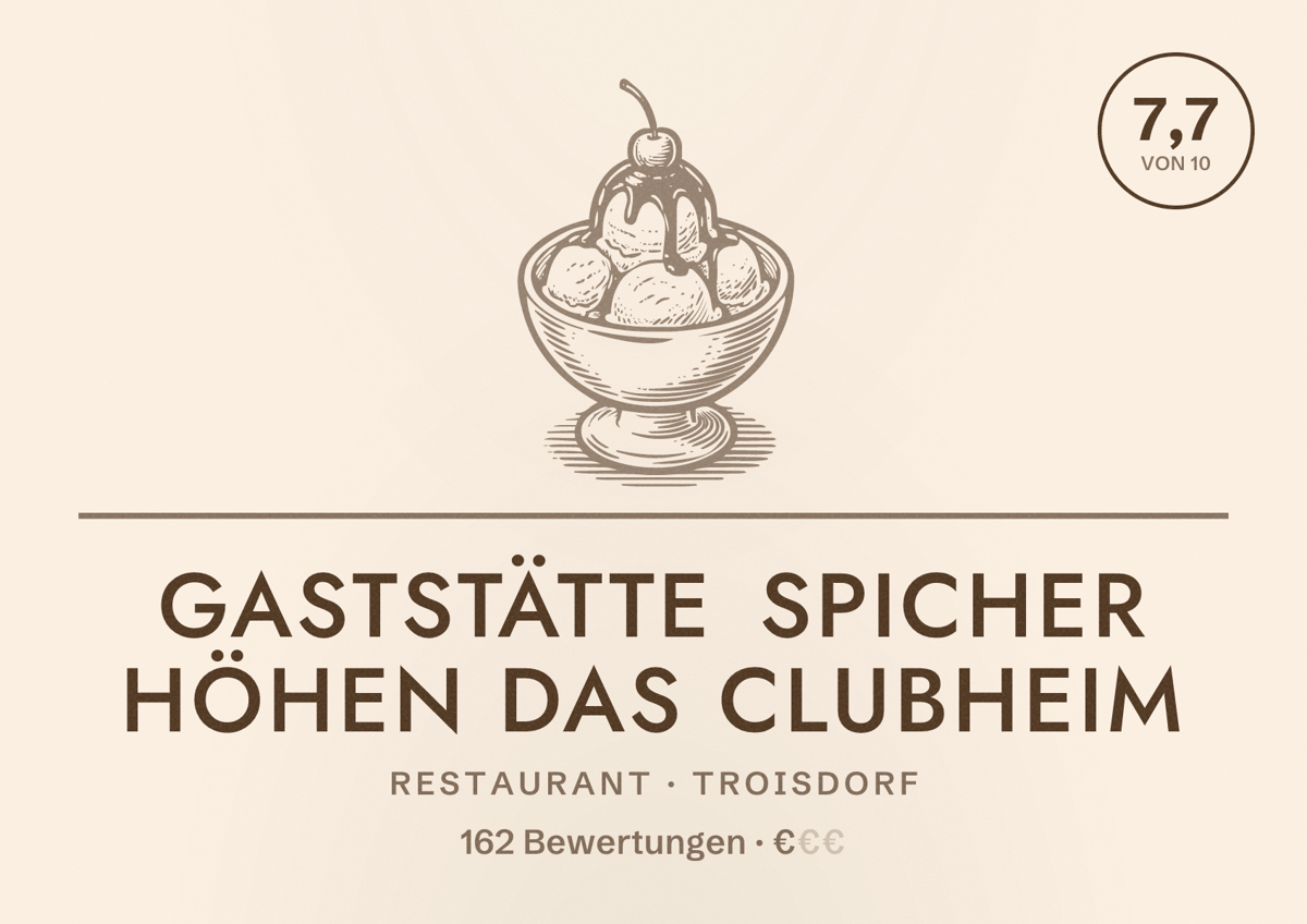 Illustriertes Poster von Gaststätte Spicher Höhen Das Clubheim, Restaurant in Troisdorf: Bewertung 7,7 von 10 aus 162 Bewertungen, Preisniveau €