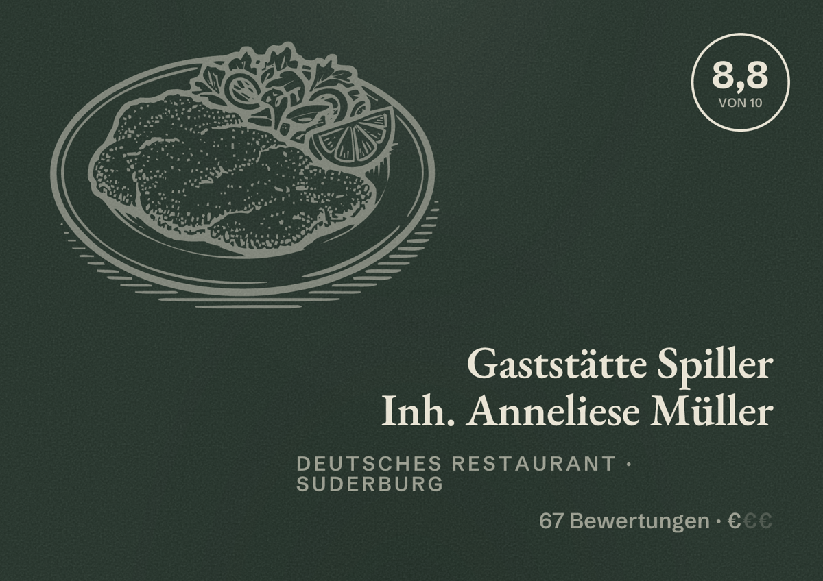 Illustriertes Poster von Gaststätte Spiller Inh. Anneliese Müller, Deutsches Restaurant in Suderburg: Bewertung 8,8 von 10 aus 67 Bewertungen, Preisniveau €
