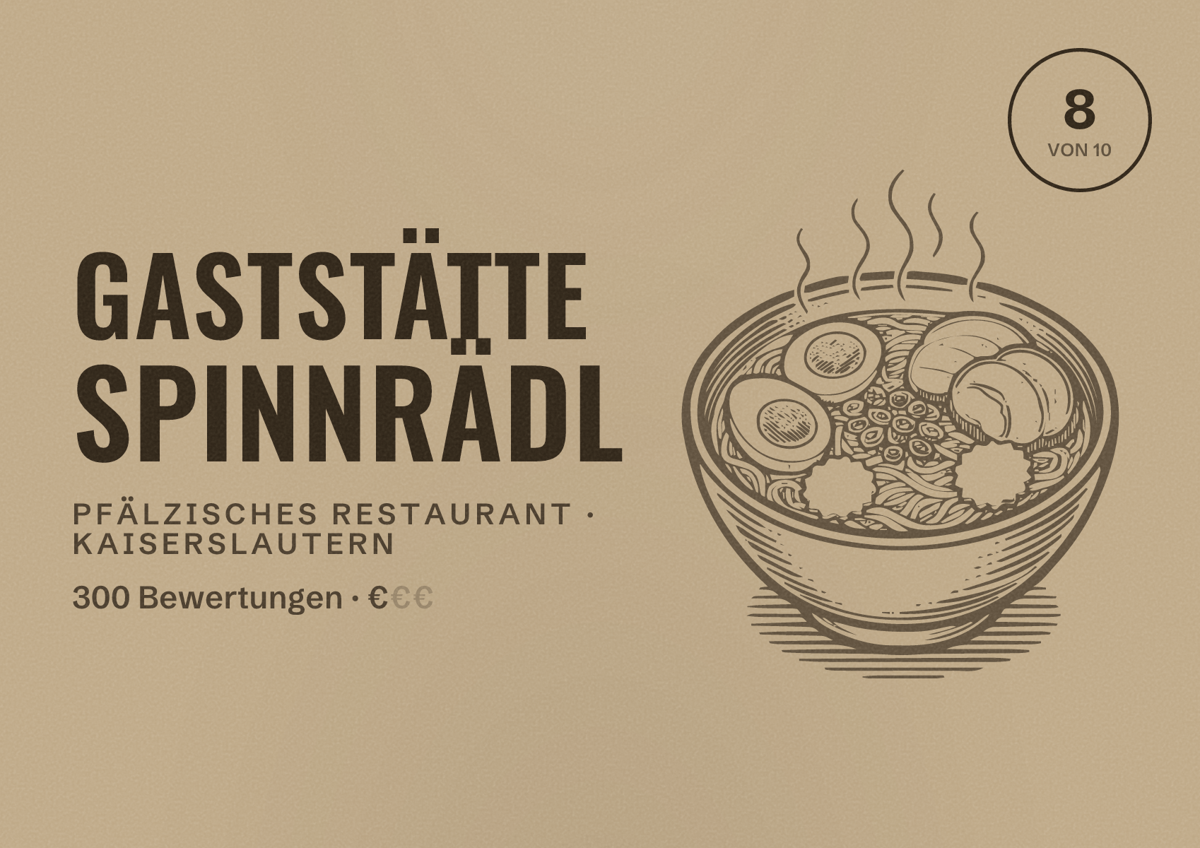 Illustriertes Poster von Gaststätte Spinnrädl, Pfälzisches Restaurant in Kaiserslautern: Bewertung 8 von 10 aus 300 Bewertungen, Preisniveau €