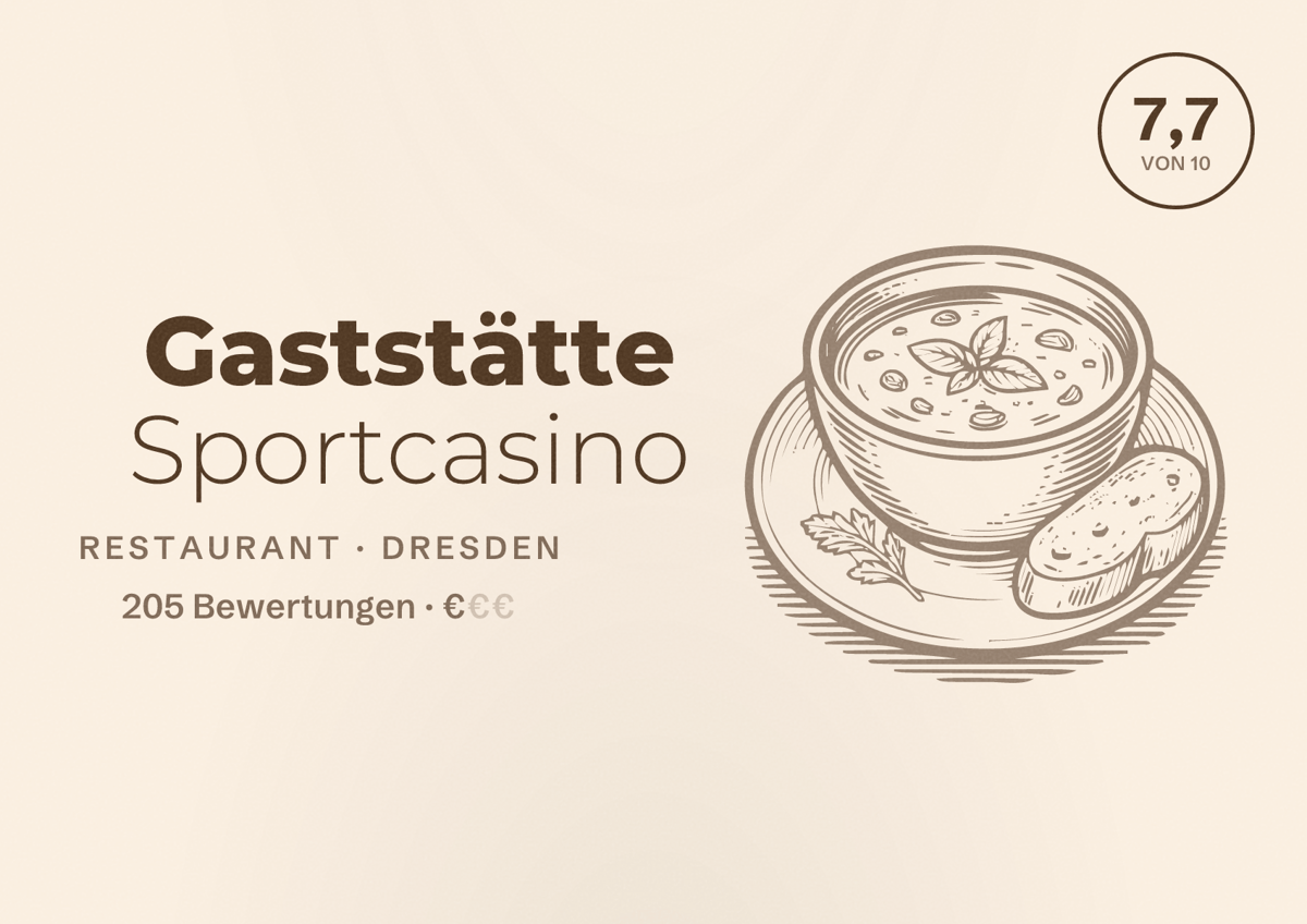 Illustriertes Poster von Gaststätte Sportcasino, Restaurant in Dresden: Bewertung 7,7 von 10 aus 205 Bewertungen, Preisniveau €