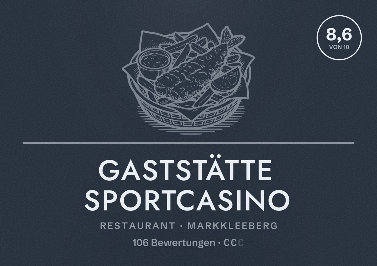 Illustriertes Poster von Gaststätte Sportcasino, Restaurant in Markkleeberg: Bewertung 8,6 von 10 aus 106 Bewertungen, Preisniveau €€