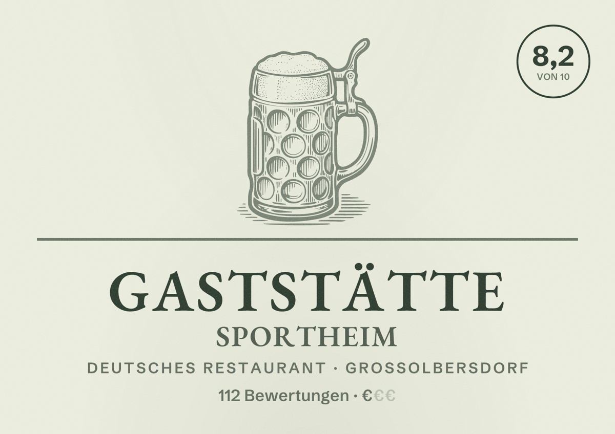 Illustriertes Poster von Gaststätte Sportheim, Deutsches Restaurant in Großolbersdorf: Bewertung 8,2 von 10 aus 112 Bewertungen, Preisniveau €