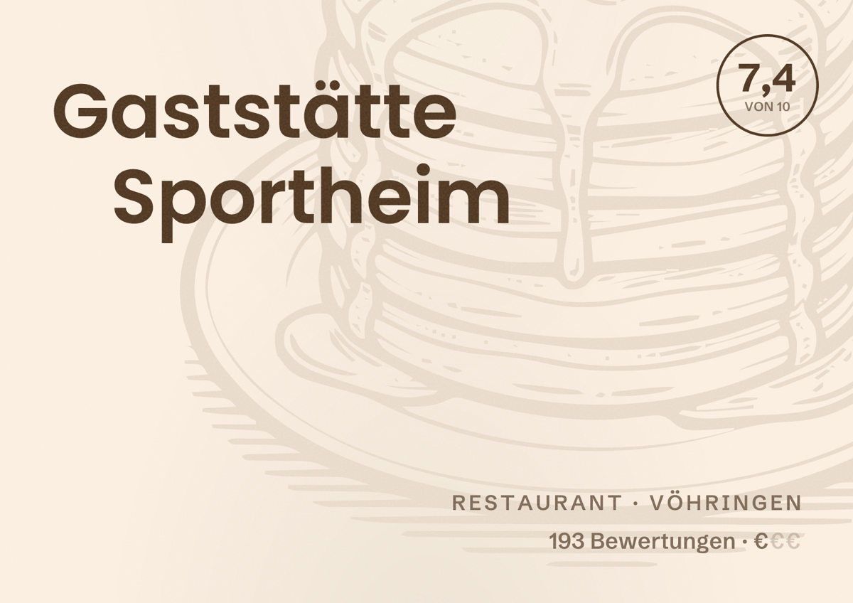 Illustriertes Poster von Gaststätte Sportheim, Restaurant in Vöhringen: Bewertung 7,4 von 10 aus 193 Bewertungen, Preisniveau €