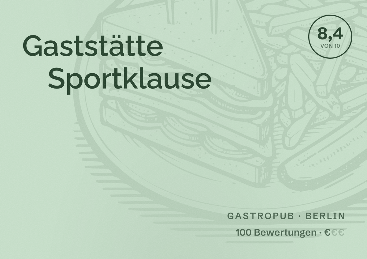 Illustriertes Poster von Gaststätte Sportklause, Gastropub in Berlin: Bewertung 8,4 von 10 aus 100 Bewertungen, Preisniveau €