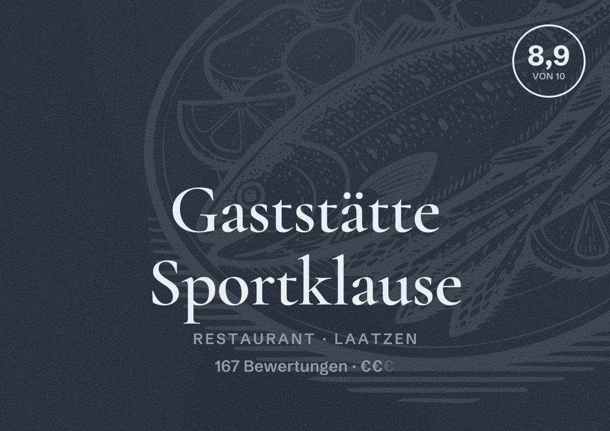 Illustriertes Poster von Gaststätte Sportklause, Restaurant in Laatzen: Bewertung 8,9 von 10 aus 167 Bewertungen, Preisniveau €€