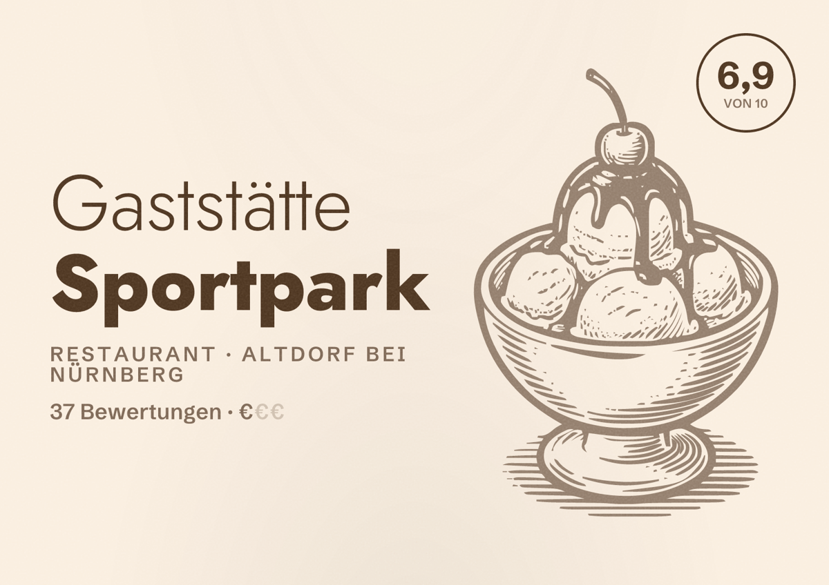 Illustriertes Poster von Gaststätte Sportpark, Restaurant in Altdorf bei Nürnberg: Bewertung 6,9 von 10 aus 37 Bewertungen, Preisniveau €