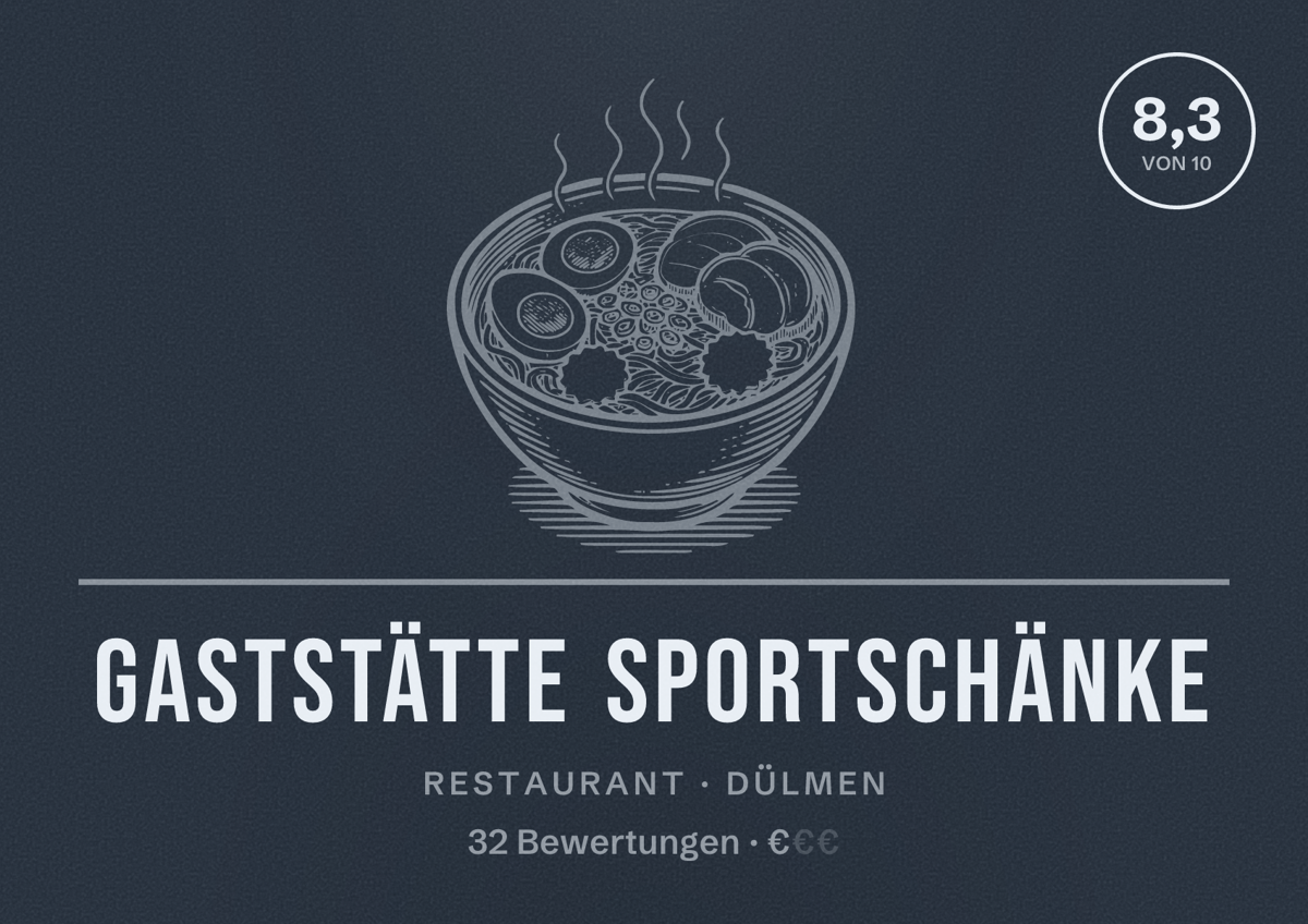 Illustriertes Poster von Gaststätte Sportschänke, Restaurant in Dülmen: Bewertung 8,3 von 10 aus 32 Bewertungen, Preisniveau €