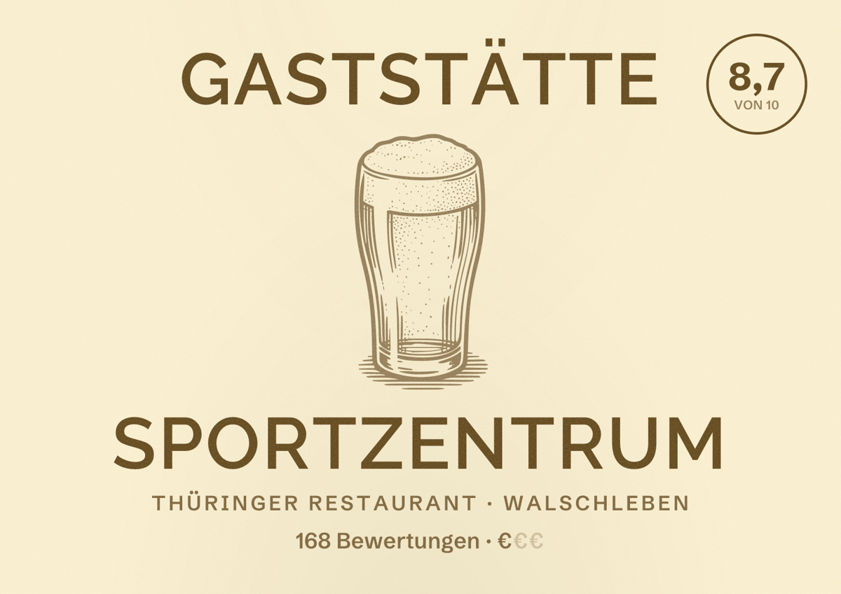 Illustriertes Poster von Gaststätte Sportzentrum, Thüringer Restaurant in Walschleben: Bewertung 8,7 von 10 aus 168 Bewertungen, Preisniveau €