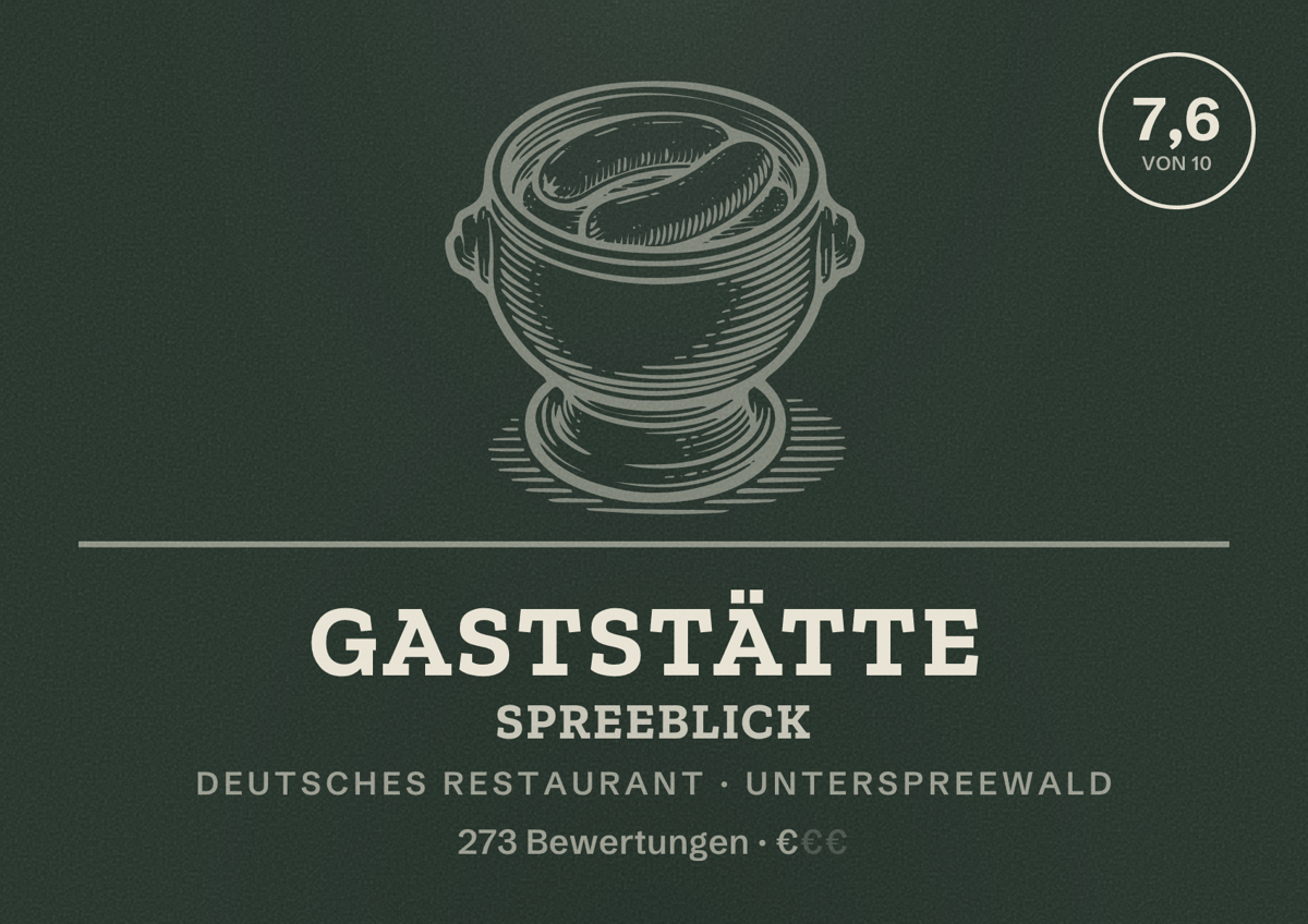 Illustriertes Poster von Gaststätte Spreeblick, Deutsches Restaurant in Unterspreewald: Bewertung 7,6 von 10 aus 273 Bewertungen, Preisniveau €