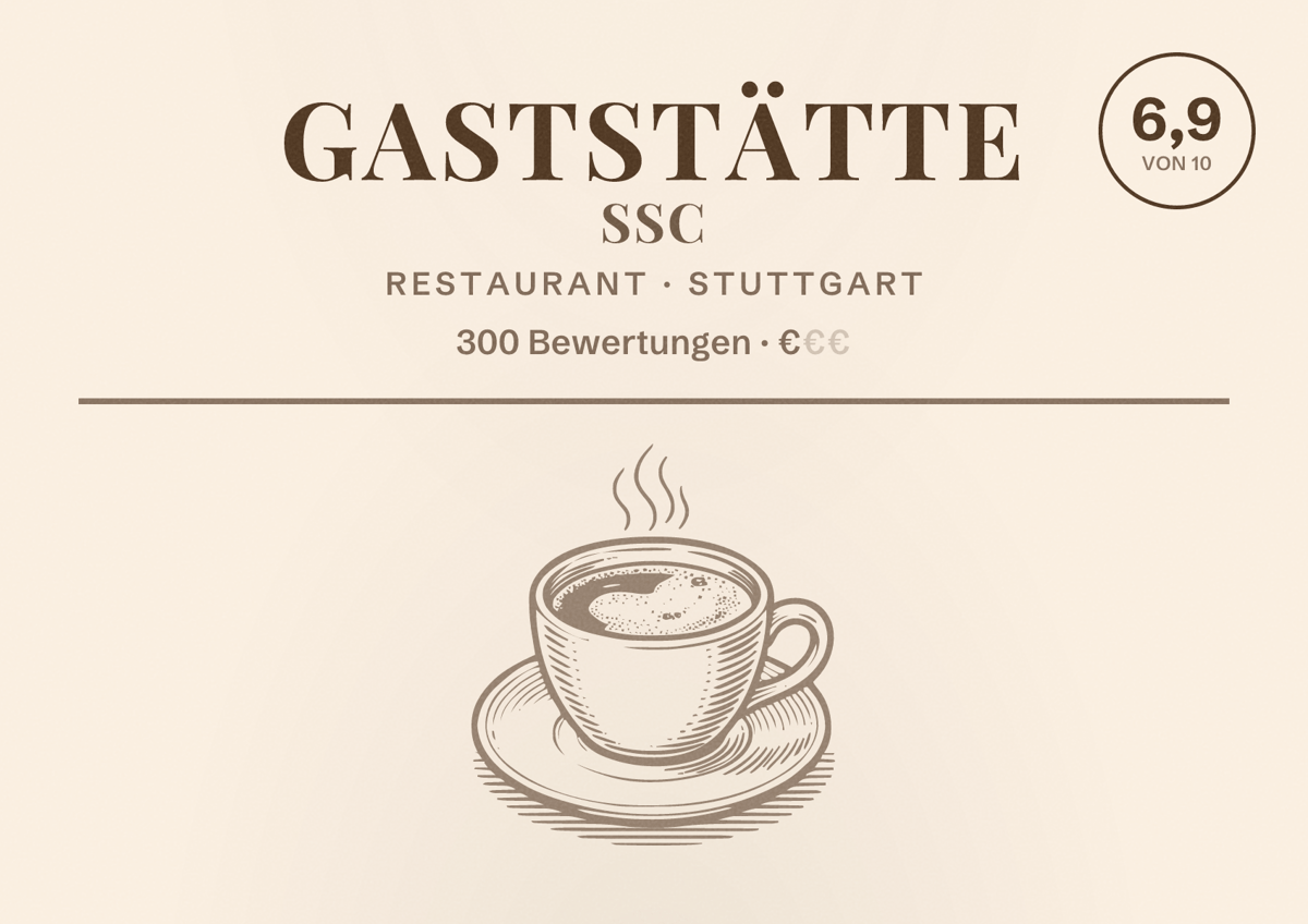 Illustriertes Poster von Gaststätte SSC, Restaurant in Stuttgart: Bewertung 6,9 von 10 aus 300 Bewertungen, Preisniveau €