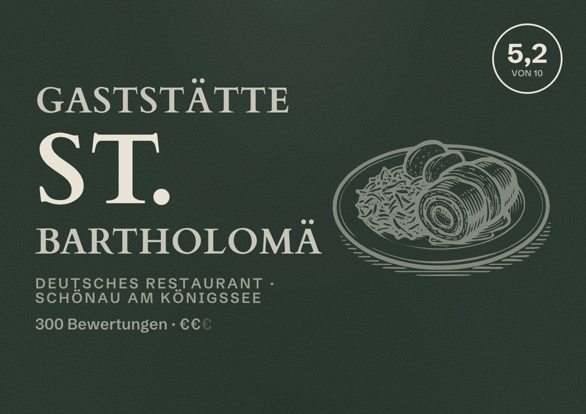 Illustriertes Poster von Gaststätte St. Bartholomä, Deutsches Restaurant in Schönau am Königssee: Bewertung 5,2 von 10 aus 300 Bewertungen, Preisniveau €€