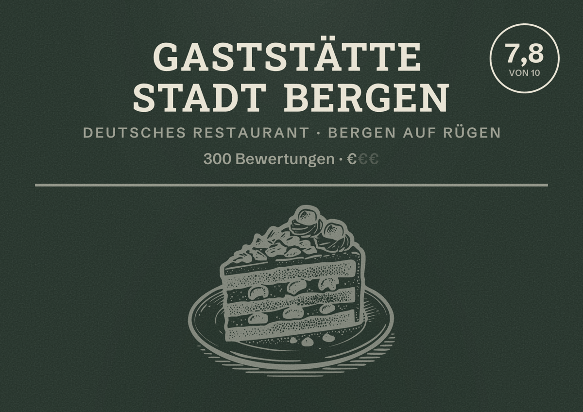 Illustriertes Poster von Gaststätte Stadt Bergen, Deutsches Restaurant in Bergen auf Rügen: Bewertung 7,8 von 10 aus 300 Bewertungen, Preisniveau €