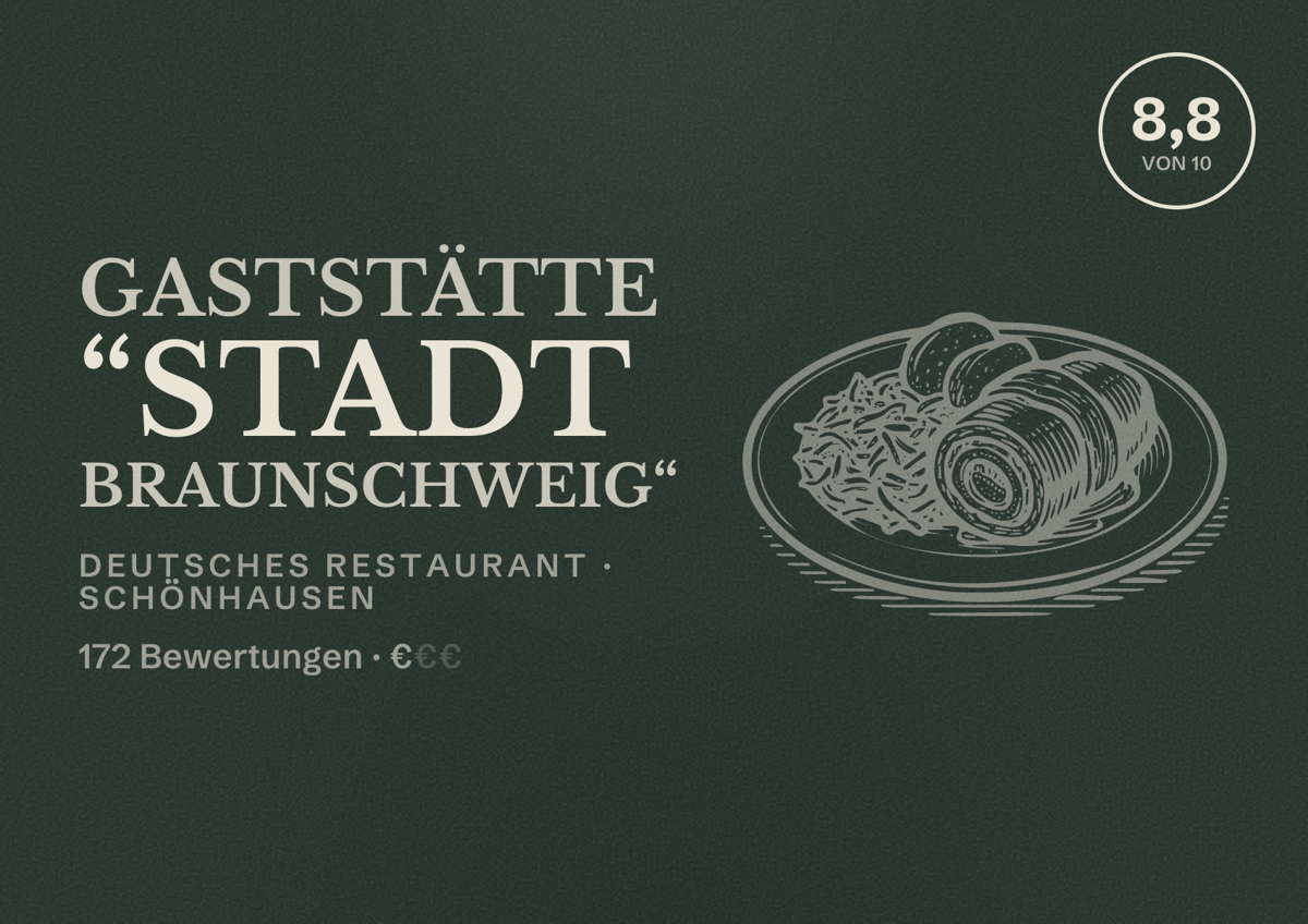 Illustriertes Poster von Gaststätte “Stadt Braunschweig“, Deutsches Restaurant in Schönhausen: Bewertung 8,8 von 10 aus 172 Bewertungen, Preisniveau €