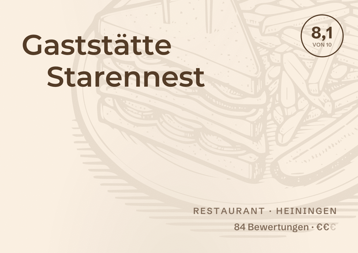 Illustriertes Poster von Gaststätte Starennest, Restaurant in Heiningen: Bewertung 8,1 von 10 aus 84 Bewertungen, Preisniveau €€