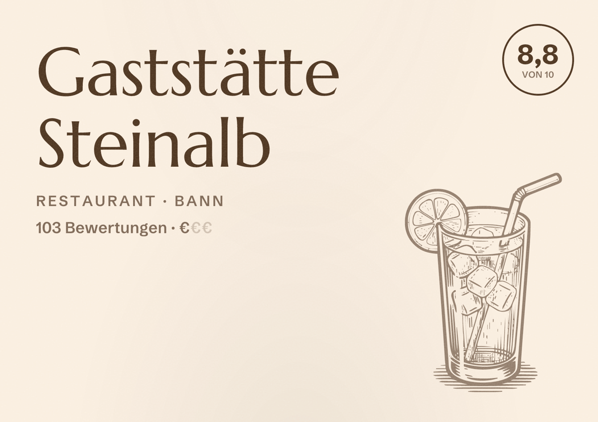 Illustriertes Poster von Gaststätte Steinalb, Restaurant in Bann: Bewertung 8,8 von 10 aus 103 Bewertungen, Preisniveau €