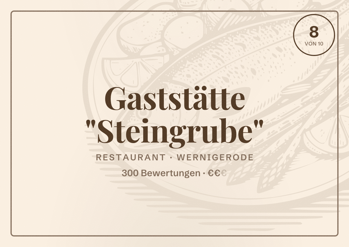 Illustriertes Poster von Gaststätte "Steingrube", Restaurant in Wernigerode: Bewertung 8 von 10 aus 300 Bewertungen, Preisniveau €€