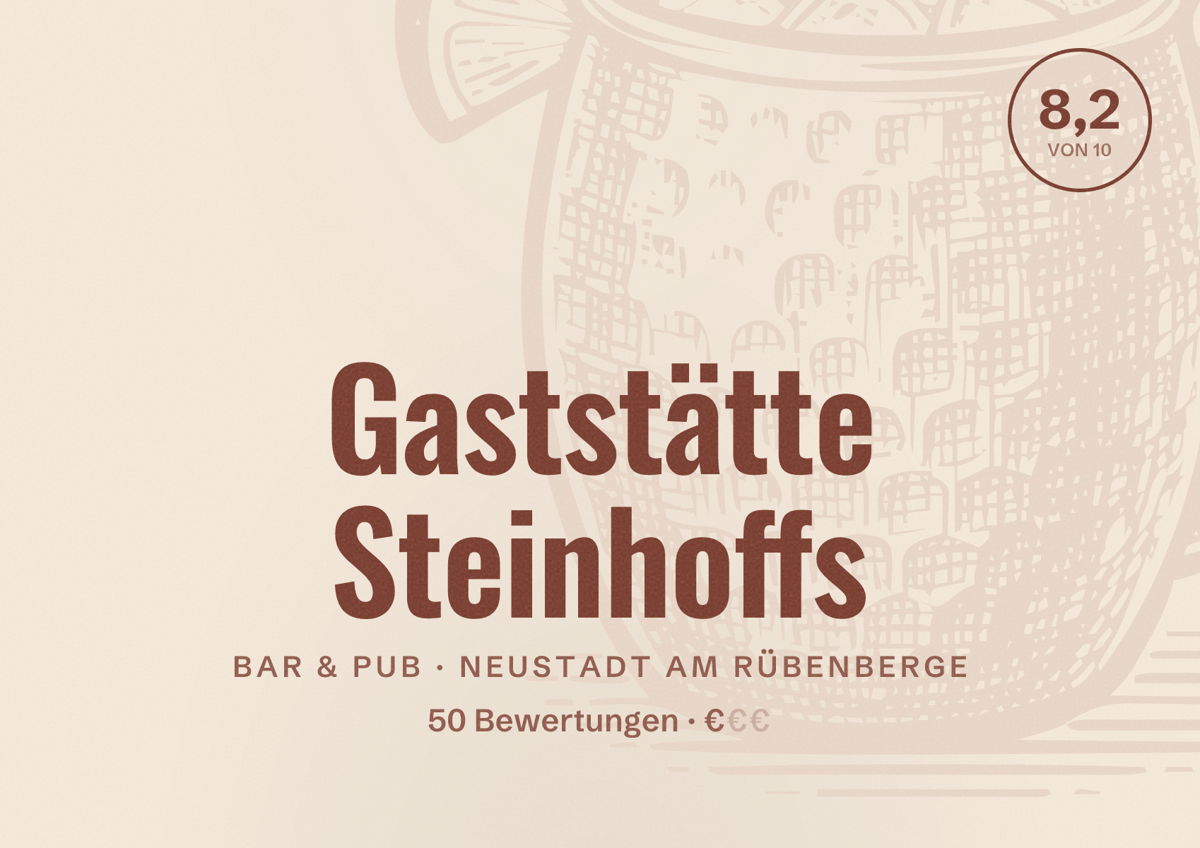 Illustriertes Poster von Gaststätte Steinhoffs, Bar & Pub in Neustadt am Rübenberge: Bewertung 8,2 von 10 aus 50 Bewertungen, Preisniveau €