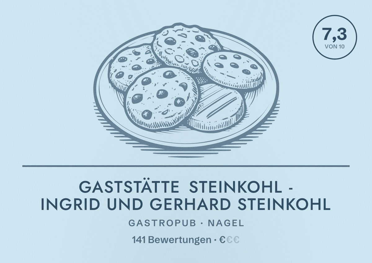 Illustriertes Poster von Gaststätte Steinkohl - Ingrid und Gerhard Steinkohl, Gastropub in Nagel: Bewertung 7,3 von 10 aus 141 Bewertungen, Preisniveau €