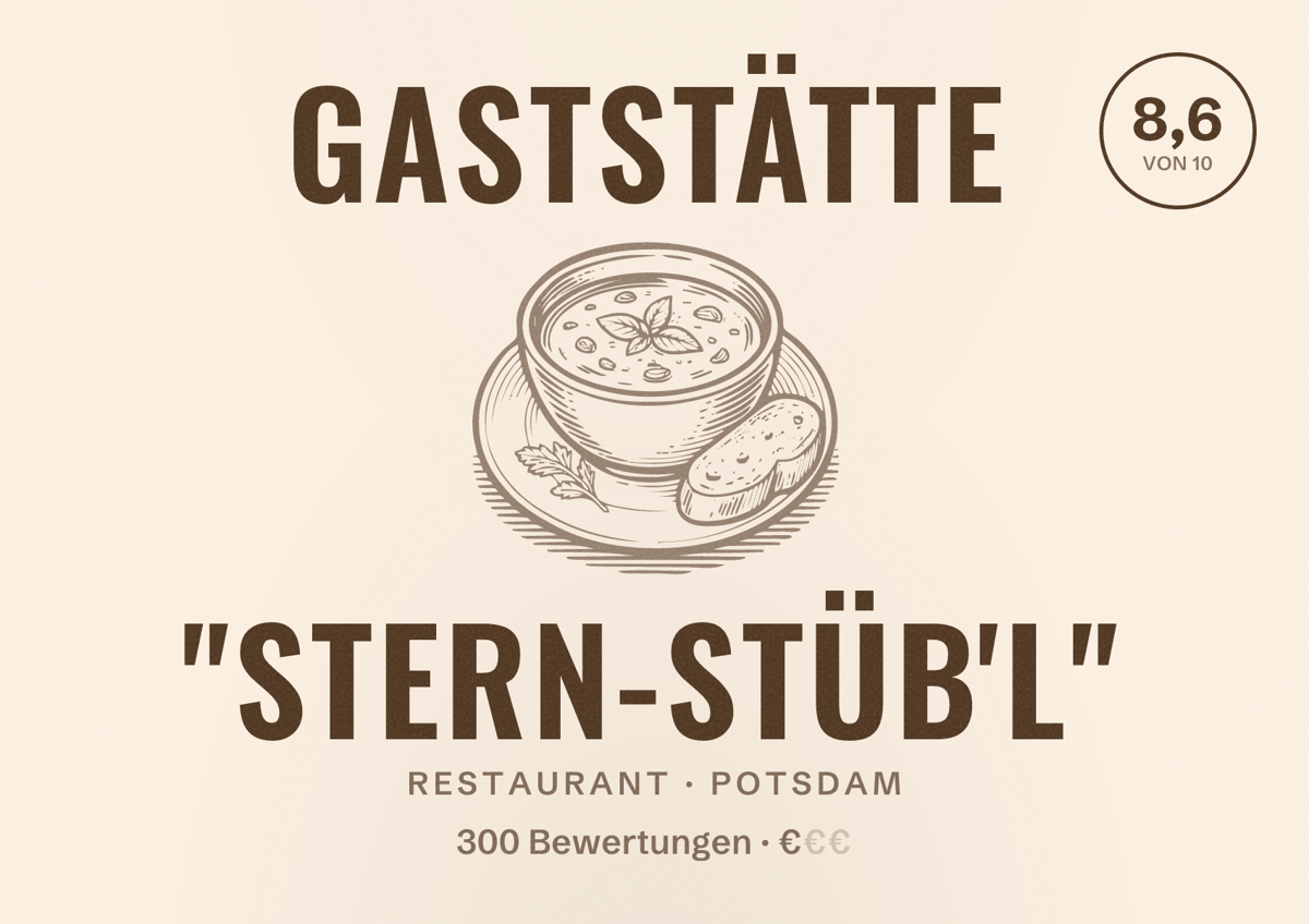 Illustriertes Poster von Gaststätte "Stern-Stüb'l", Restaurant in Potsdam: Bewertung 8,6 von 10 aus 300 Bewertungen, Preisniveau €
