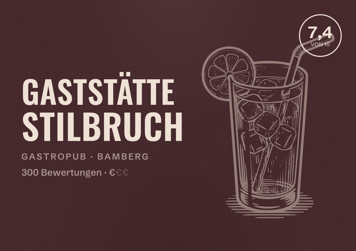 Illustriertes Poster von Gaststätte Stilbruch, Gastropub in Bamberg: Bewertung 7,4 von 10 aus 300 Bewertungen, Preisniveau €