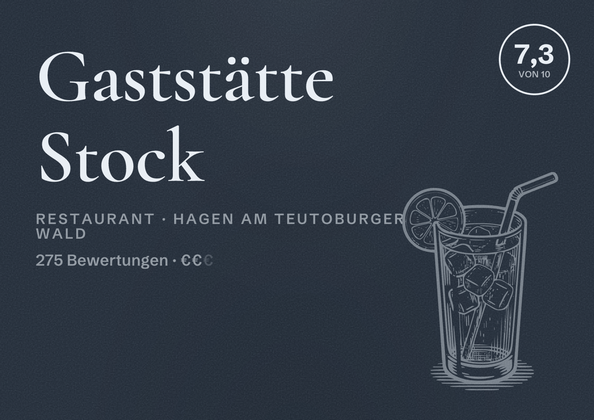 Illustriertes Poster von Gaststätte Stock, Restaurant in Hagen am Teutoburger Wald: Bewertung 7,3 von 10 aus 275 Bewertungen, Preisniveau €€