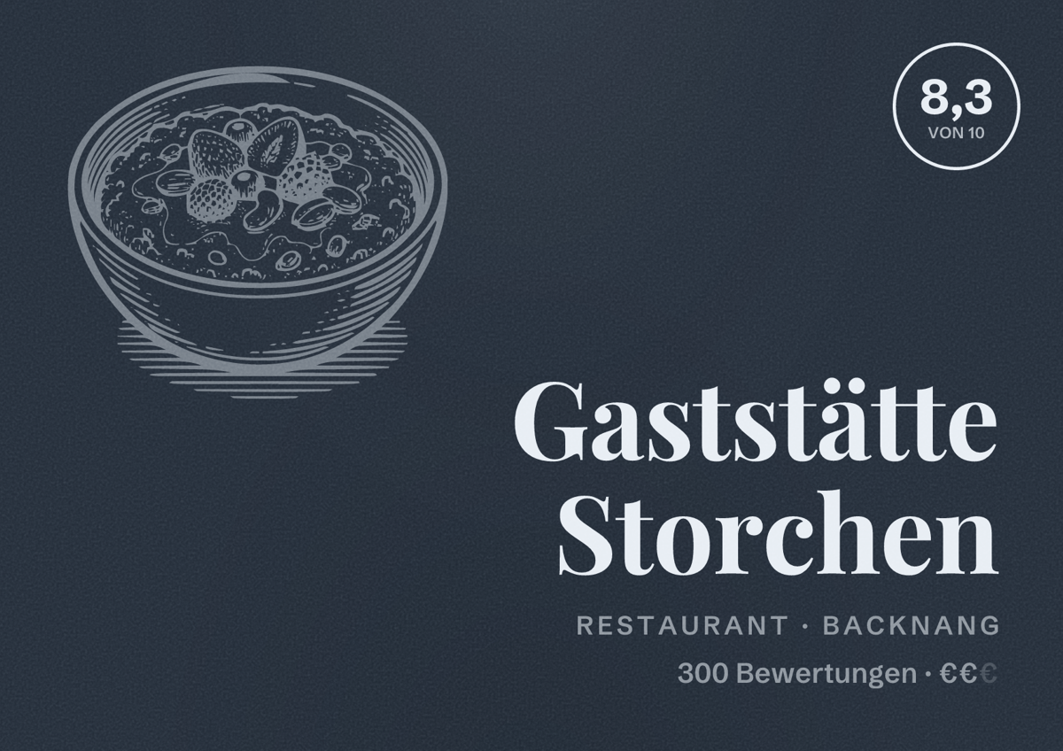 Illustriertes Poster von Gaststätte Storchen, Restaurant in Backnang: Bewertung 8,3 von 10 aus 300 Bewertungen, Preisniveau €€