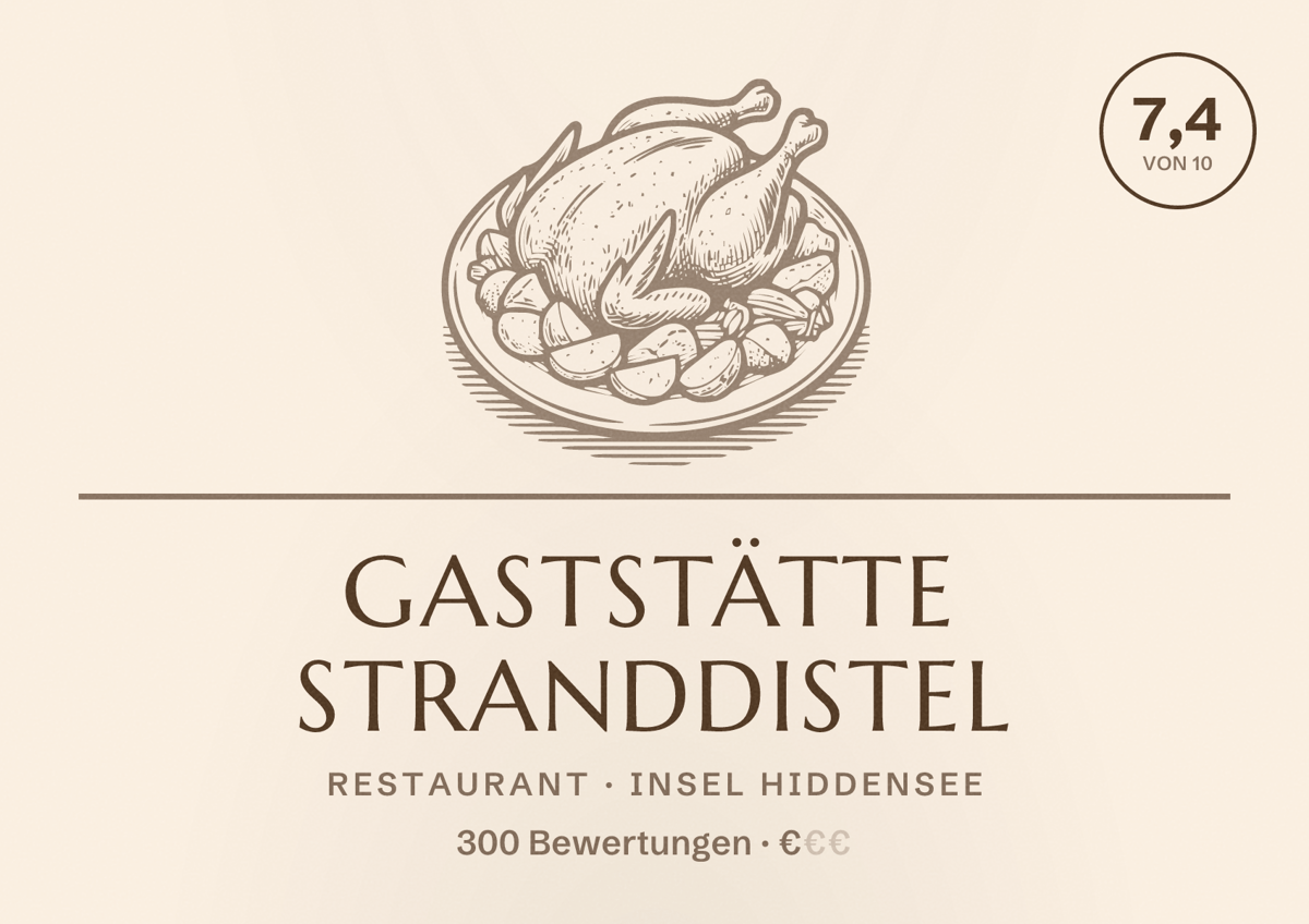 Illustriertes Poster von Gaststätte Stranddistel, Restaurant in Insel Hiddensee: Bewertung 7,4 von 10 aus 300 Bewertungen, Preisniveau €