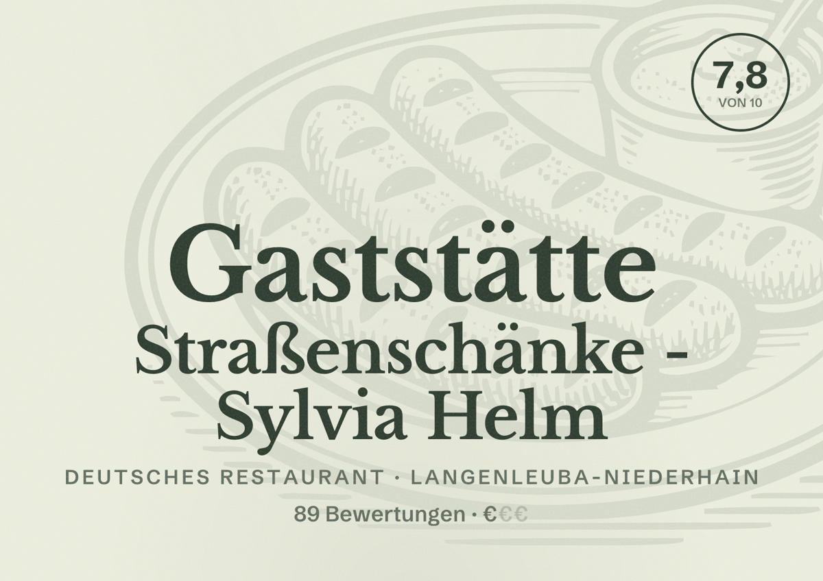 Illustriertes Poster von Gaststätte Straßenschänke - Sylvia Helm, Deutsches Restaurant in Langenleuba-Niederhain: Bewertung 7,8 von 10 aus 89 Bewertungen, Preisniveau €