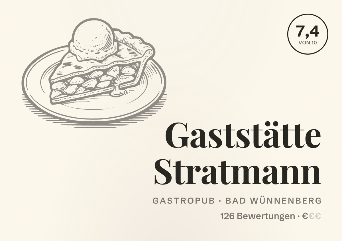 Illustriertes Poster von Gaststätte Stratmann, Gastropub in Bad Wünnenberg: Bewertung 7,4 von 10 aus 126 Bewertungen, Preisniveau €