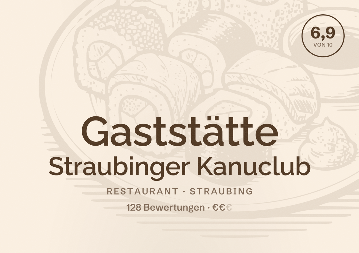 Illustriertes Poster von Gaststätte Straubinger Kanuclub, Restaurant in Straubing: Bewertung 6,9 von 10 aus 128 Bewertungen, Preisniveau €€