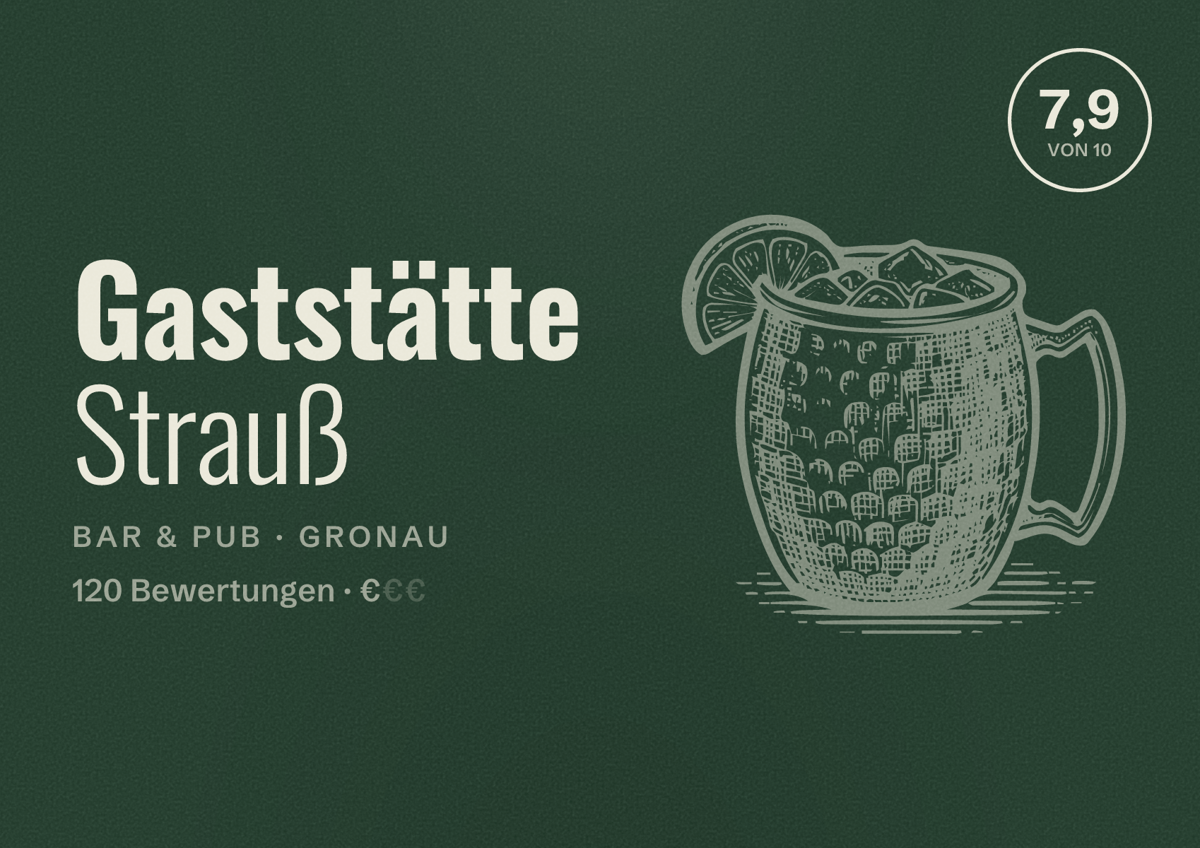 Illustriertes Poster von Gaststätte Strauß, Bar & Pub in Gronau: Bewertung 7,9 von 10 aus 120 Bewertungen, Preisniveau €