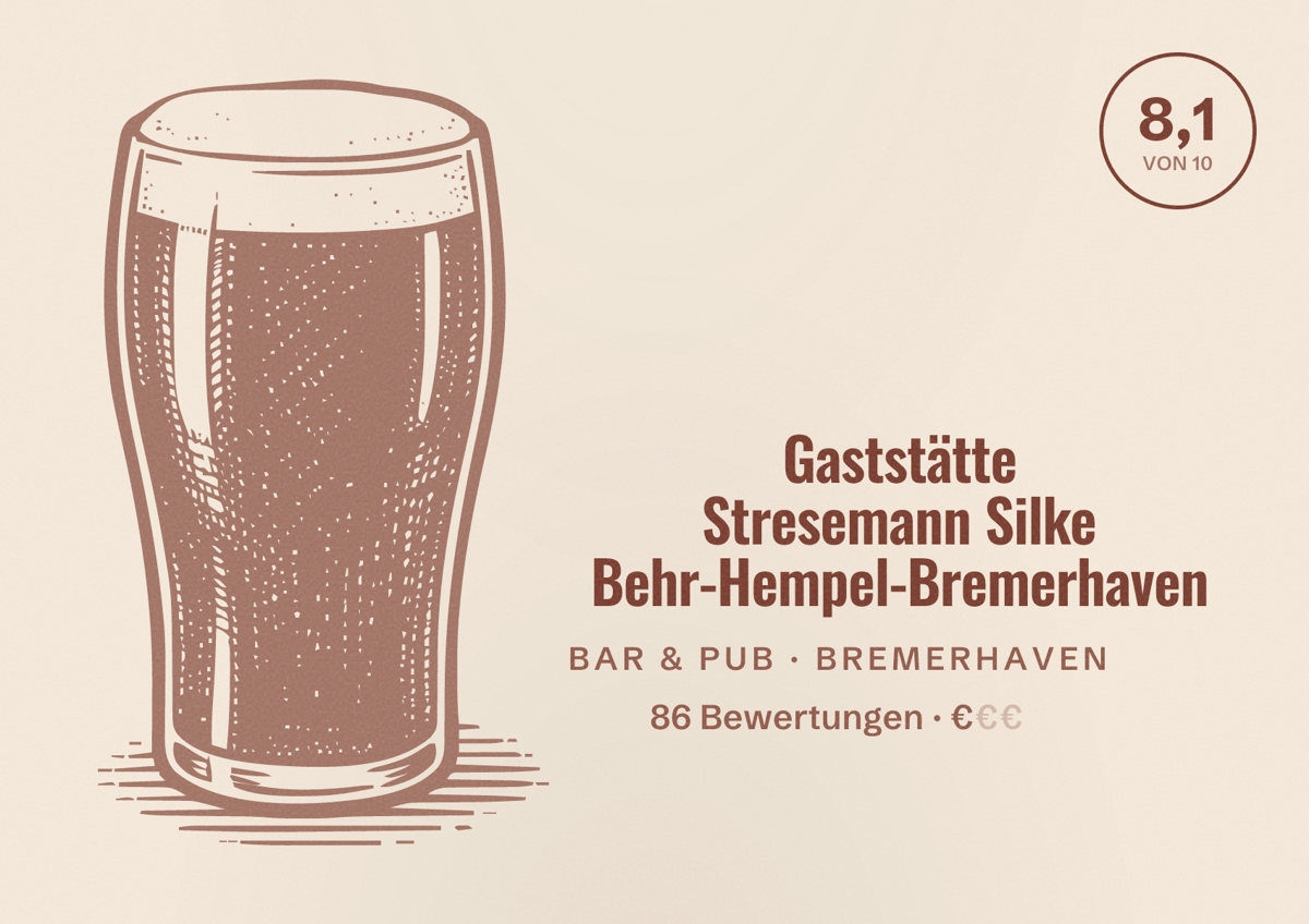 Illustriertes Poster von Gaststätte Stresemann Silke Behr-Hempel-Bremerhaven, Bar & Pub in Bremerhaven: Bewertung 8,1 von 10 aus 86 Bewertungen, Preisniveau €