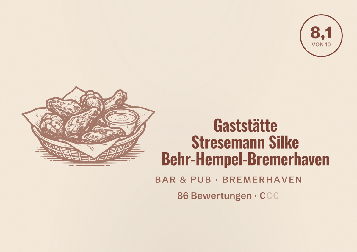 Illustriertes Poster von Gaststätte Stresemann Silke Behr-Hempel-Bremerhaven, Bar & Pub in Bremerhaven: Bewertung 8,1 von 10 aus 86 Bewertungen, Preisniveau €
