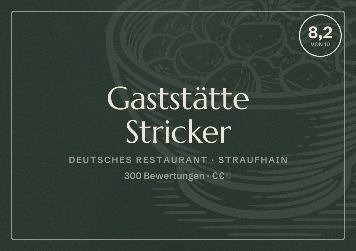 Illustriertes Poster von Gaststätte Stricker, Deutsches Restaurant in Straufhain: Bewertung 8,2 von 10 aus 300 Bewertungen, Preisniveau €€