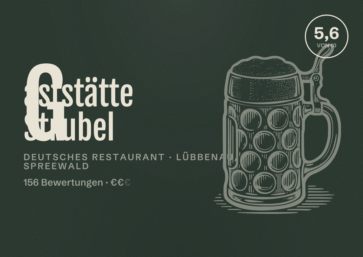Illustriertes Poster von Gaststätte Strubel, Deutsches Restaurant in Lübbenau/Spreewald: Bewertung 5,6 von 10 aus 156 Bewertungen, Preisniveau €€