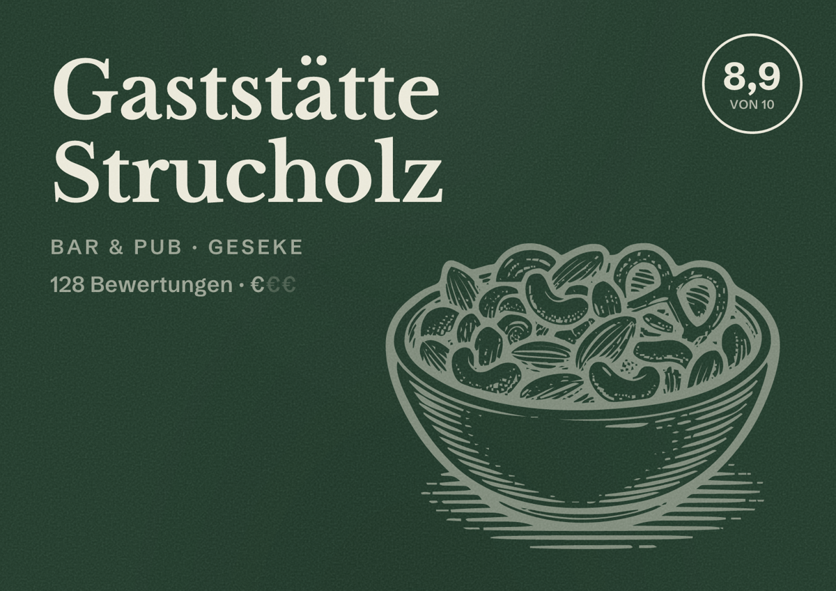 Illustriertes Poster von Gaststätte Strucholz, Bar & Pub in Geseke: Bewertung 8,9 von 10 aus 128 Bewertungen, Preisniveau €