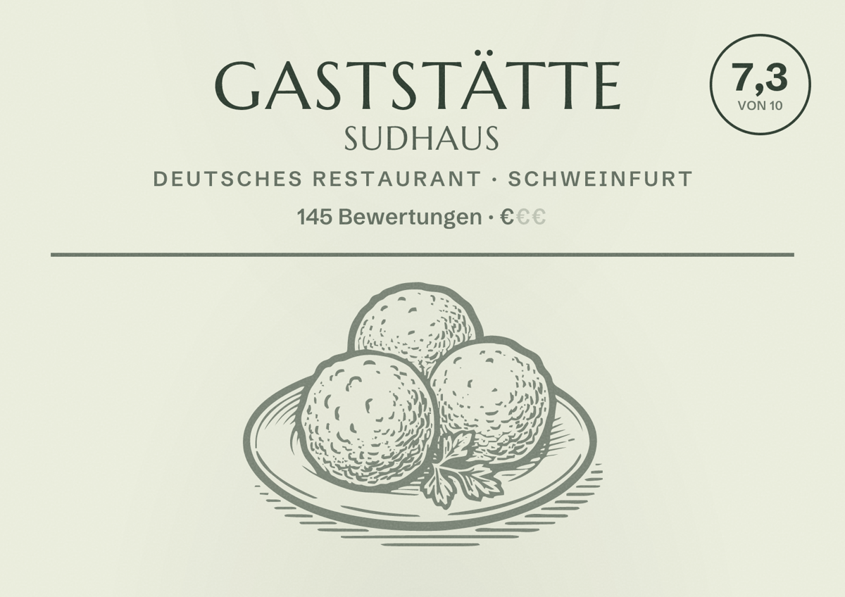 Illustriertes Poster von Gaststätte Sudhaus, Deutsches Restaurant in Schweinfurt: Bewertung 7,3 von 10 aus 145 Bewertungen, Preisniveau €