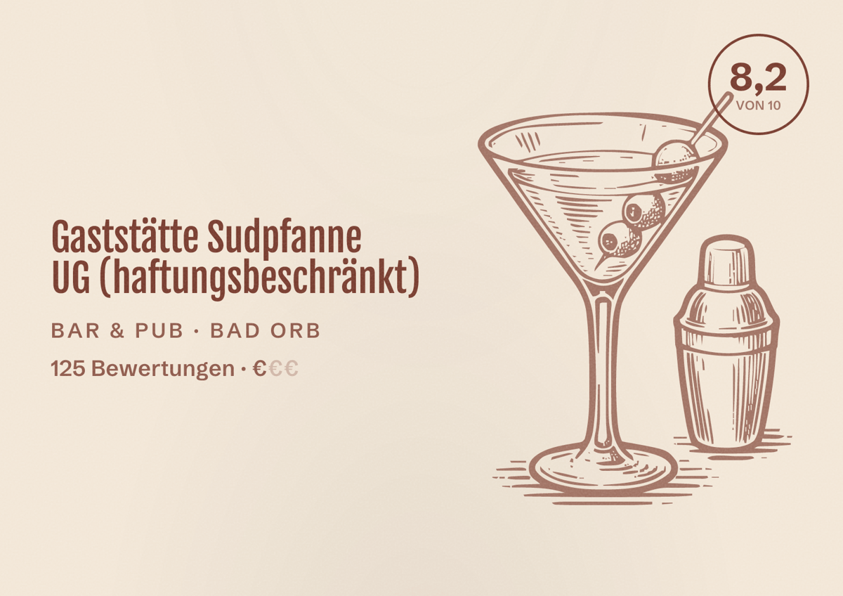 Illustriertes Poster von Gaststätte Sudpfanne UG (haftungsbeschränkt), Bar & Pub in Bad Orb: Bewertung 8,2 von 10 aus 125 Bewertungen, Preisniveau €