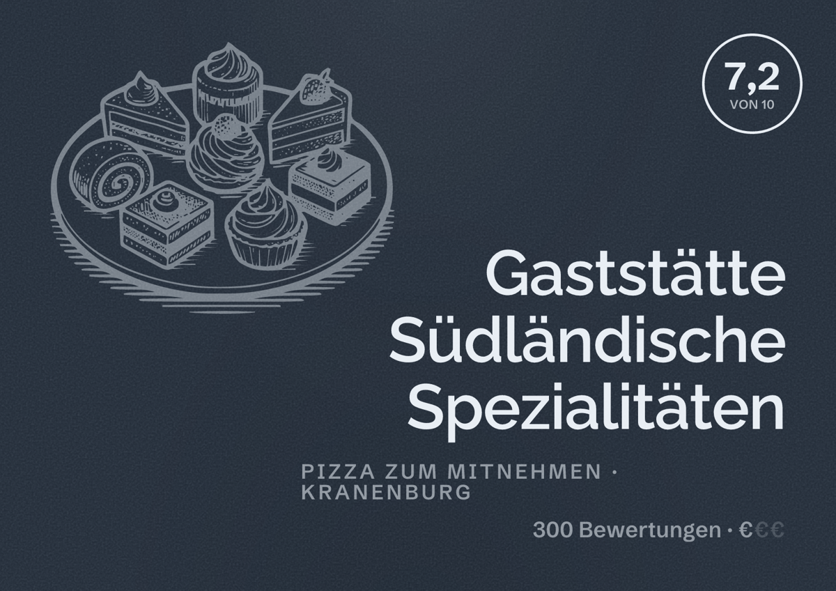 Illustriertes Poster von Gaststätte Südländische Spezialitäten, Pizza zum Mitnehmen in Kranenburg: Bewertung 7,2 von 10 aus 300 Bewertungen, Preisniveau €