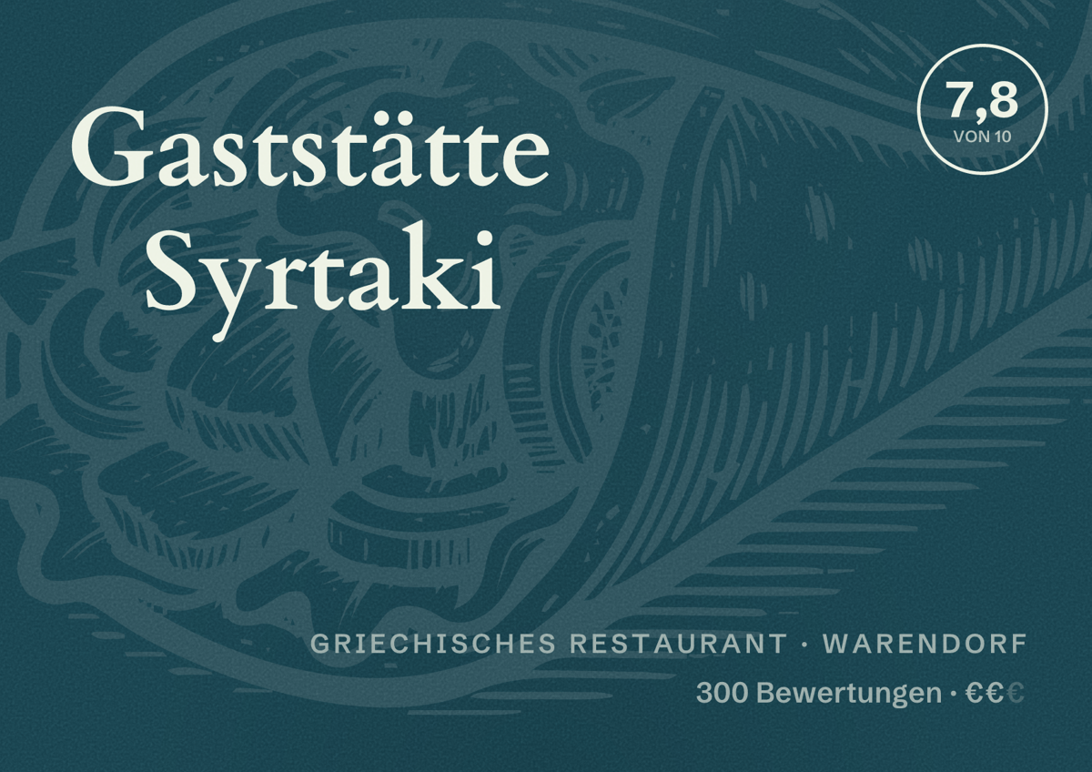 Illustriertes Poster von Gaststätte Syrtaki, Griechisches Restaurant in Warendorf: Bewertung 7,8 von 10 aus 300 Bewertungen, Preisniveau €€