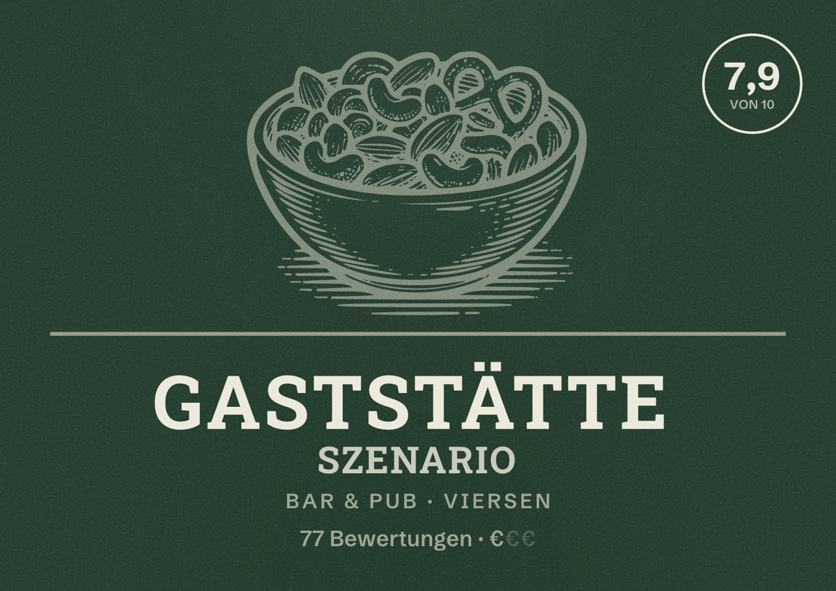 Illustriertes Poster von Gaststätte Szenario, Bar & Pub in Viersen: Bewertung 7,9 von 10 aus 77 Bewertungen, Preisniveau €