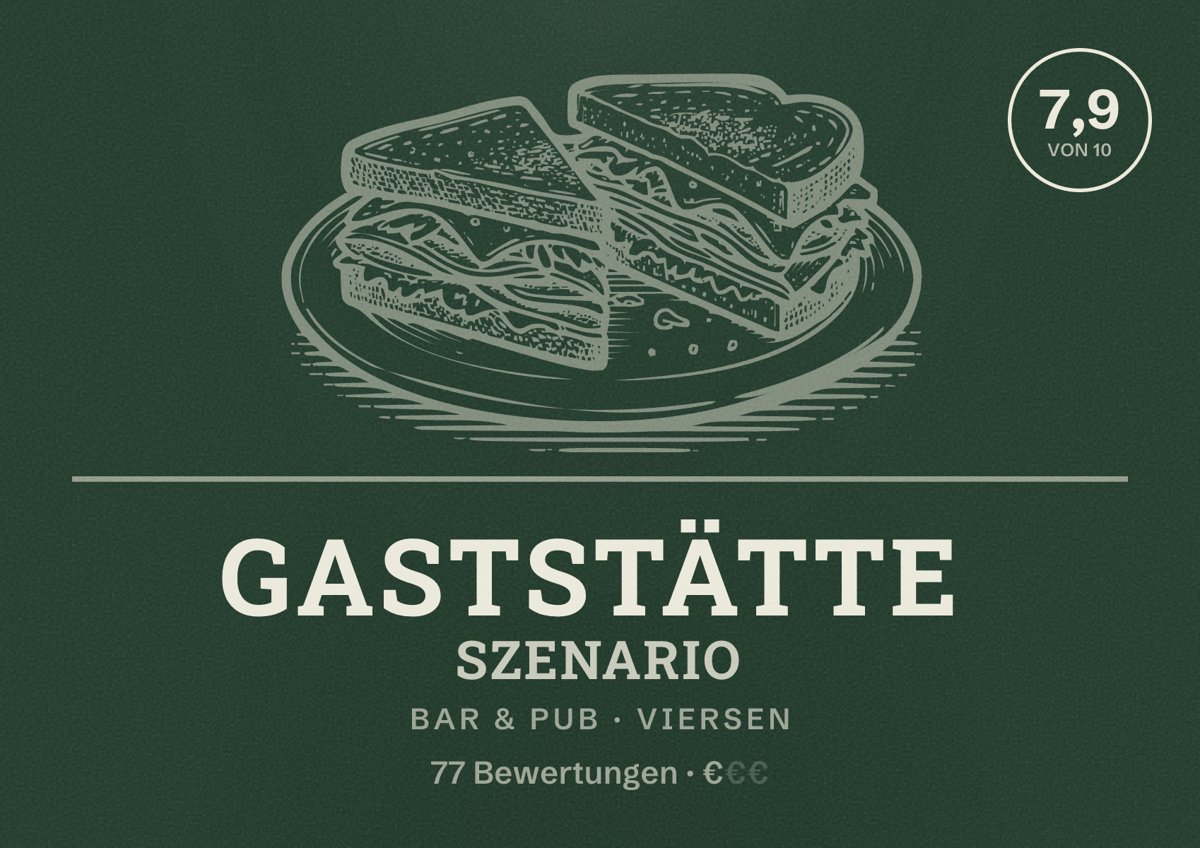 Illustriertes Poster von Gaststätte Szenario, Bar & Pub in Viersen: Bewertung 7,9 von 10 aus 77 Bewertungen, Preisniveau €