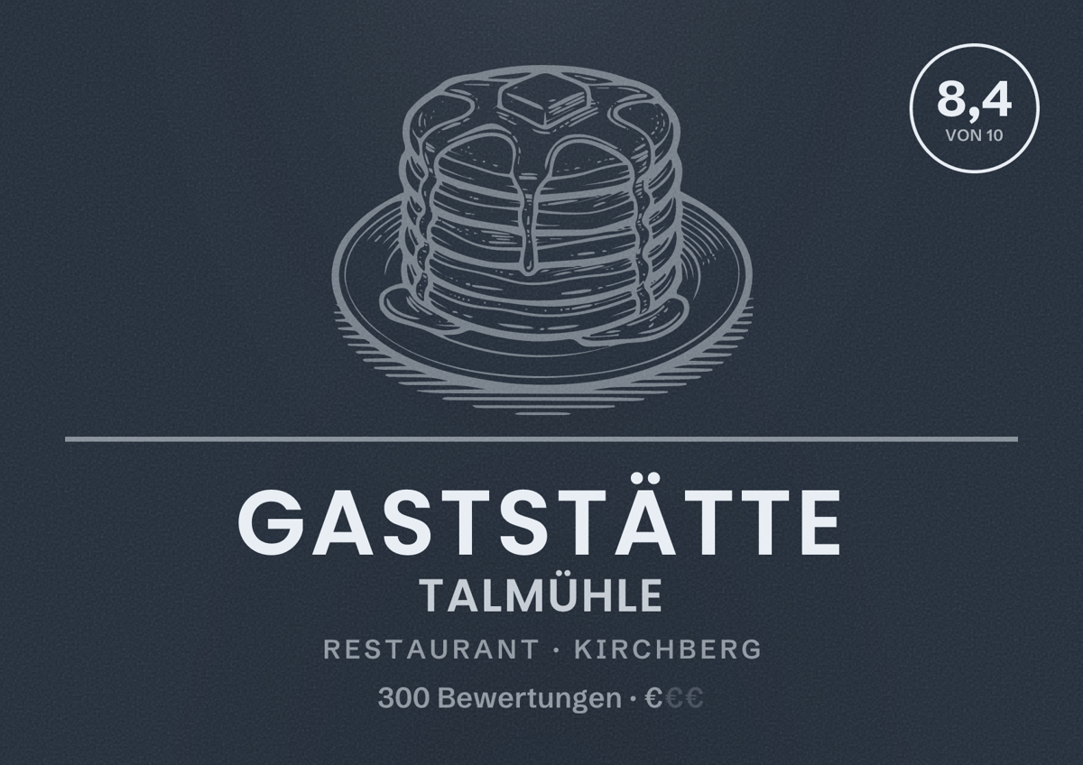 Illustriertes Poster von Gaststätte Talmühle, Restaurant in Kirchberg: Bewertung 8,4 von 10 aus 300 Bewertungen, Preisniveau €