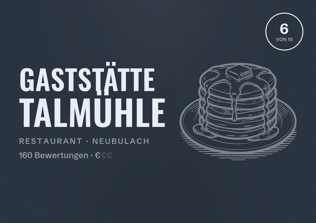 Illustriertes Poster von Gaststätte Talmühle, Restaurant in Neubulach: Bewertung 6 von 10 aus 160 Bewertungen, Preisniveau €