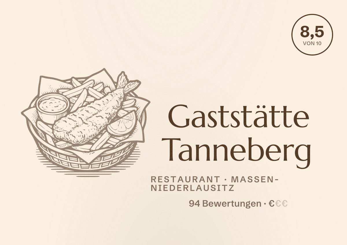 Illustriertes Poster von Gaststätte Tanneberg, Restaurant in Massen-Niederlausitz: Bewertung 8,5 von 10 aus 94 Bewertungen, Preisniveau €
